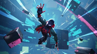 Miles Morales in dynamischem Abstieg durch eine lebendige, futuristische Stadtlandschaft, die den Geist von Spider-Man in "In den Spider-Verse" verkörpert.