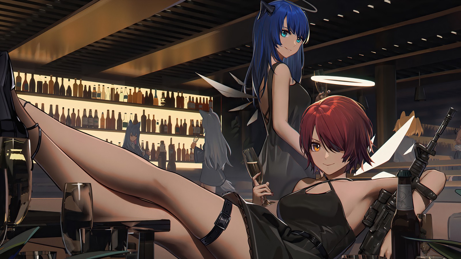 A woman in a black dress sitting on a chair with a knife (anime girls, arknights, video game, exusiai, mostima)