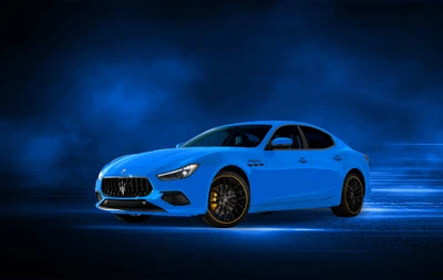 2021 Maserati Ghibli S Q4 F Tributo en Azul Vibrante Contra un Fondo Dinámico