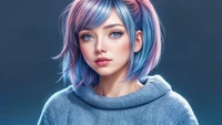 asian, cute girl, blue eyes, blue hair, ai art wallpaper