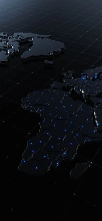 Illuminated Global Map with Electric Blue Patterns on a Dark Surface