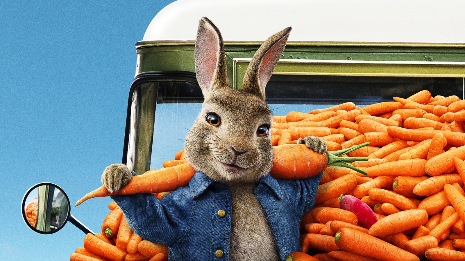 Há um coelho segurando uma cenoura na mão (peter rabbit 2 a fuga, filme, 2020, cartaz)