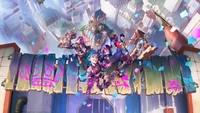 Jinx y amigos celebran en una colorida escena de League of Legends