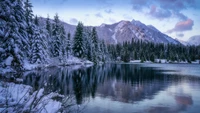 Serenidad invernal: aguas reflectantes y picos cubiertos de nieve en la Cordillera Cascade