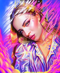 Vibrant Portrait of Feride Hilal Akın Against a Colorful Fantasy Background