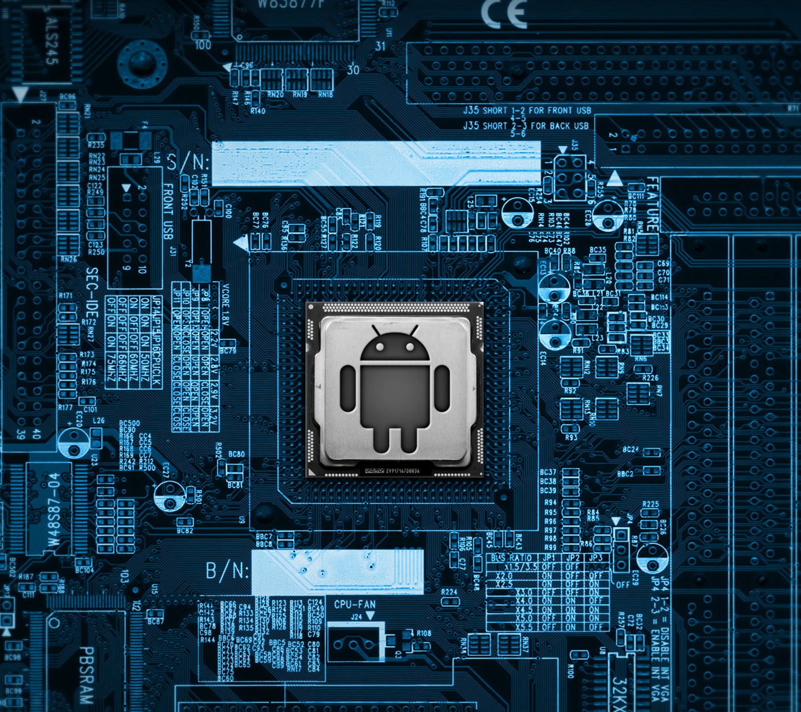 Um close de um microchip em uma placa-mãe com fundo azul (android, chiptechnology, os)