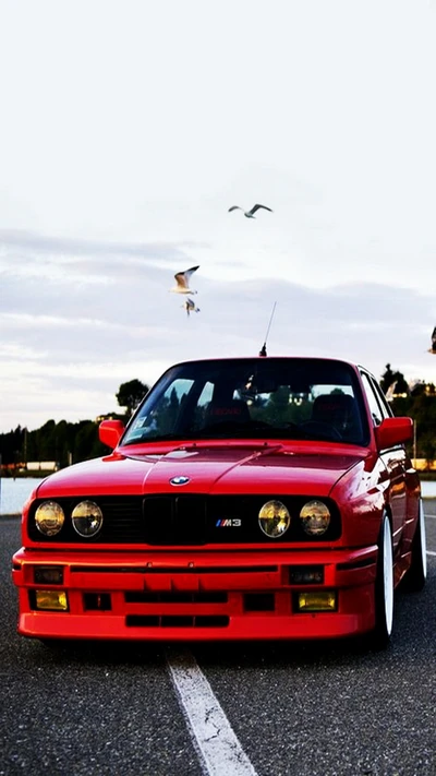 BMW E30 M3 rojo en un entorno pintoresco.