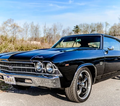 Schwarzer Chevrolet Chevelle SS gegen einen klaren blauen Himmel