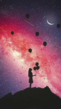 Girl with Balloons Against a Cosmic Galaxy Sky