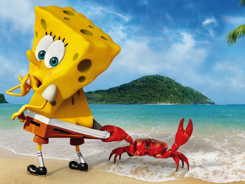 Spongebob holding a knife and a crab on the beach (awesome, love)