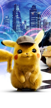 Detective Pikachu en un entorno urbano vibrante con un icónico horizonte de la ciudad.