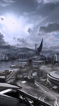 Futuristische Skyline mit Sci-Fi-Elementen und dramatischen Himmeln