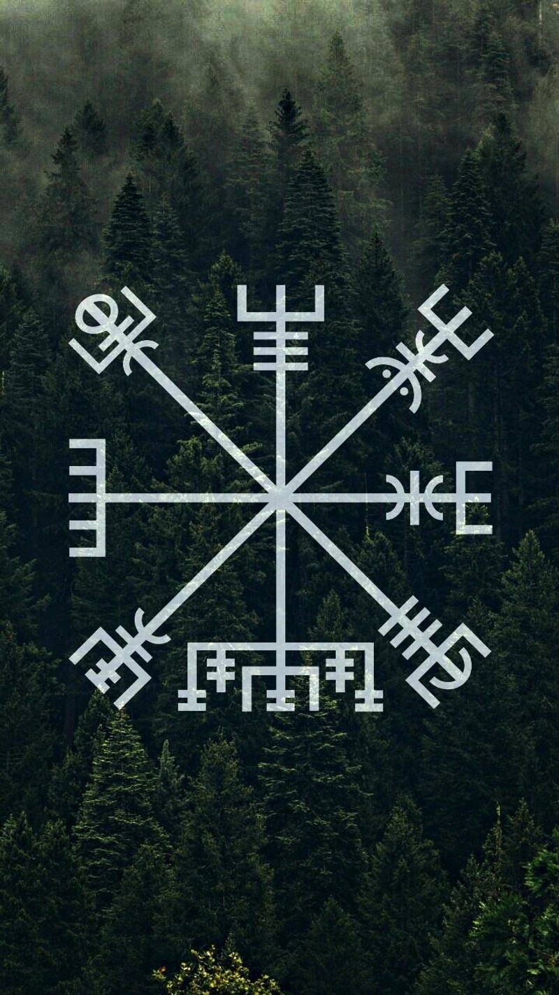 Крупный план компаса на фоне леса (нордический, 2018, vegvisir, nordico, компас)