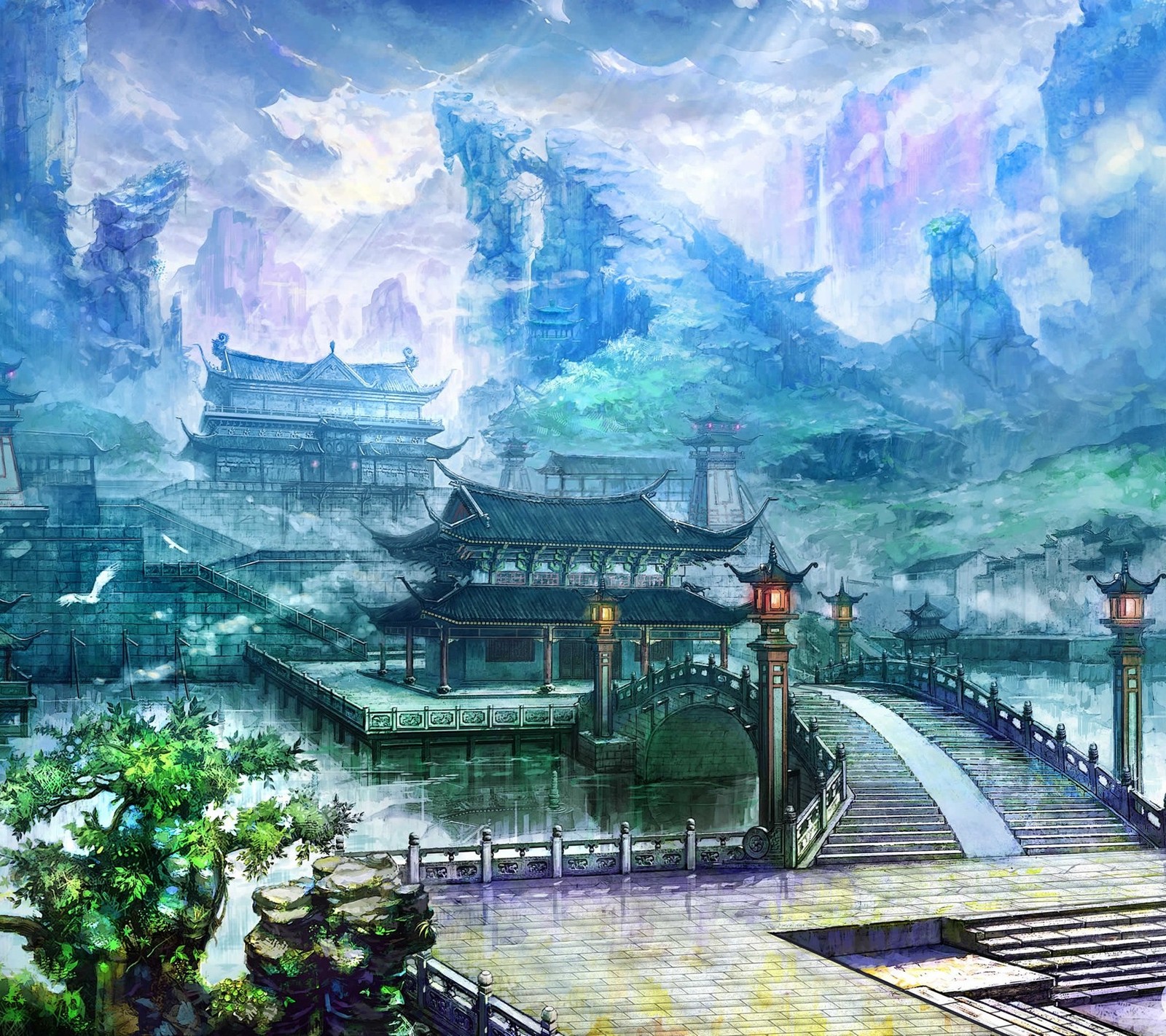 Anime scenery of a bridge and a mountain with a pagoda (garden, japan)