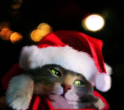 Festliche Katze im Weihnachtsmannhut mit Bokeh-Hintergrund