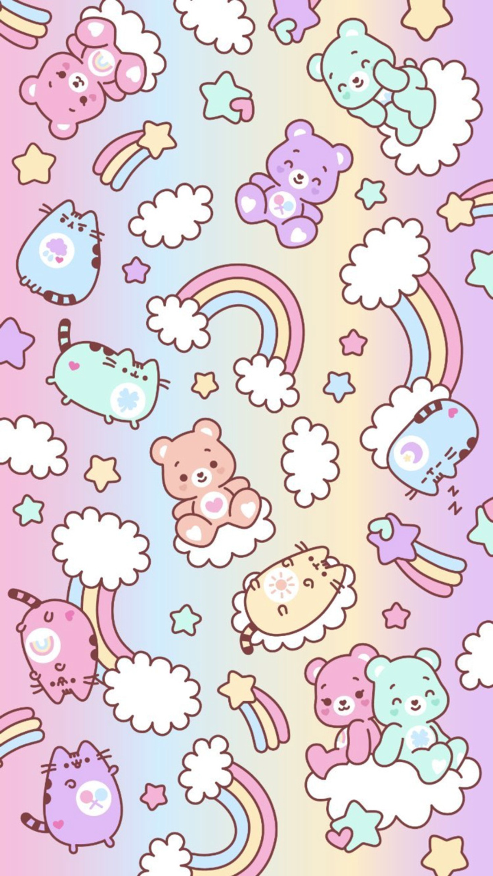 Nahaufnahme einer gruppe von tieren und wolken auf rosa hintergrund (bären, care bears, gato, bunt, niedlich)