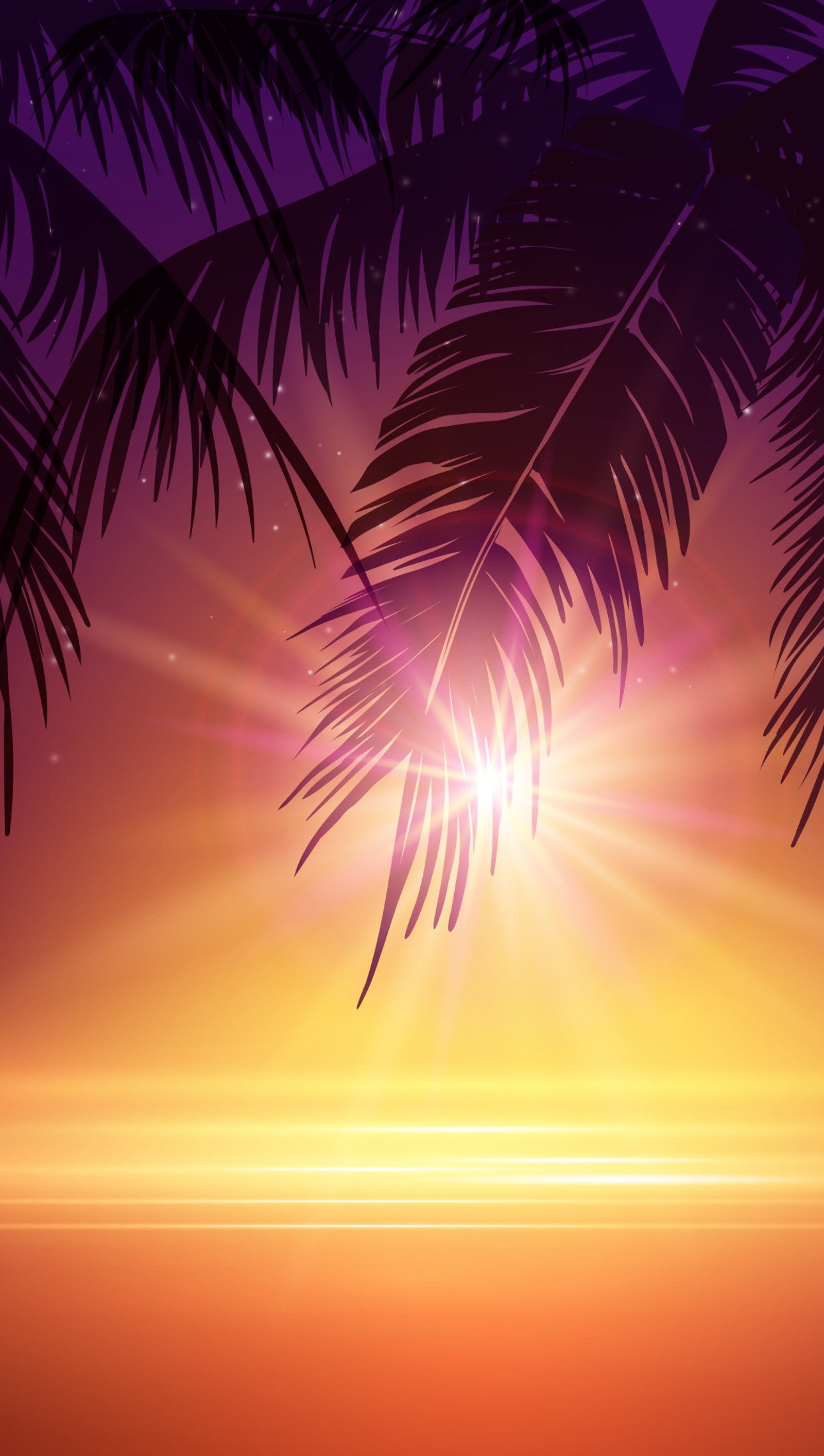 Sunset with palm trees and the sun setting over the ocean (palm tree, sunset)