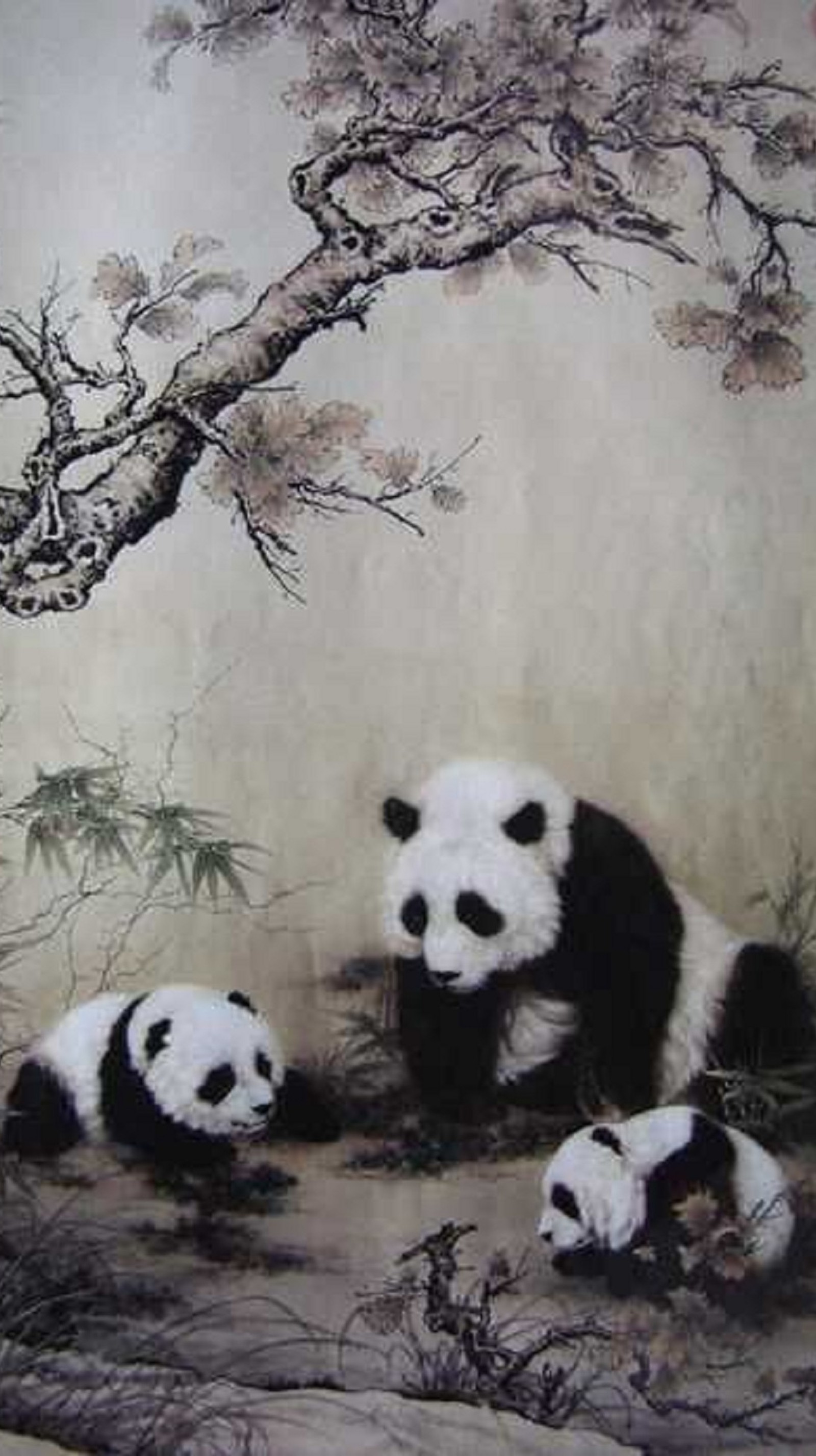 Painting of a group of pandas in a forest with a tree (animal, panda)