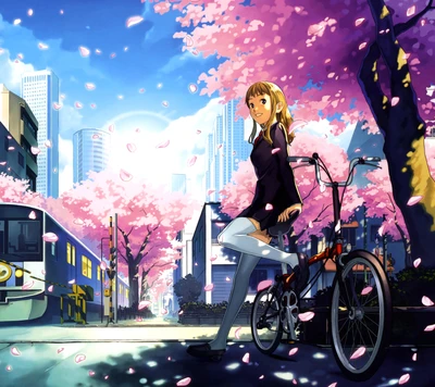 Charmantes Anime-Mädchen mit Fahrrad in einer blühenden Stadtlandschaft