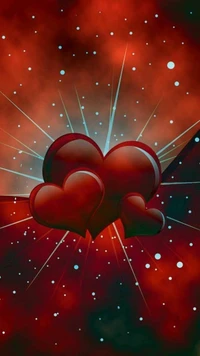 Radiant Red Hearts Against a Cosmic Background