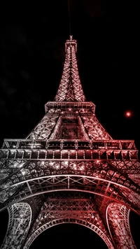 eiffel, night, paris, red, tower