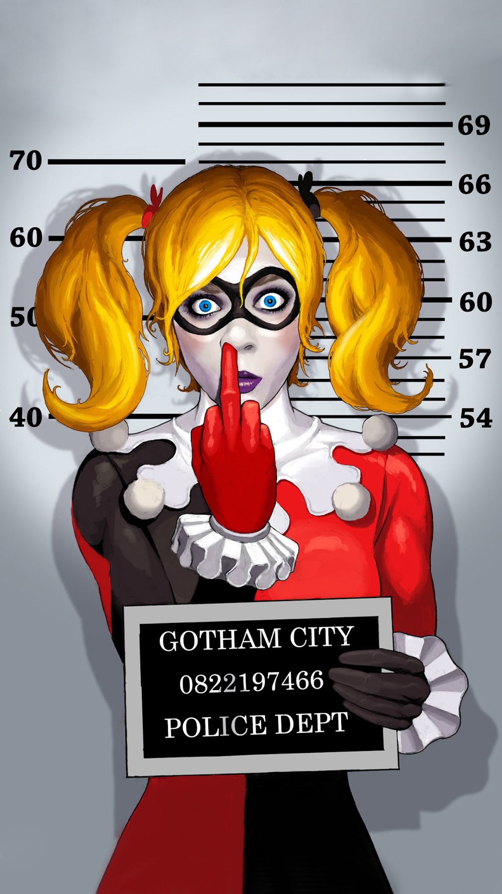 Harley harley tient un panneau indiquant 'gotham city police dept' (harley, quinn)