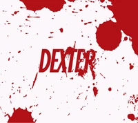 Logotipo "DEXTER" em negrito com um fundo de respingos de sangue.