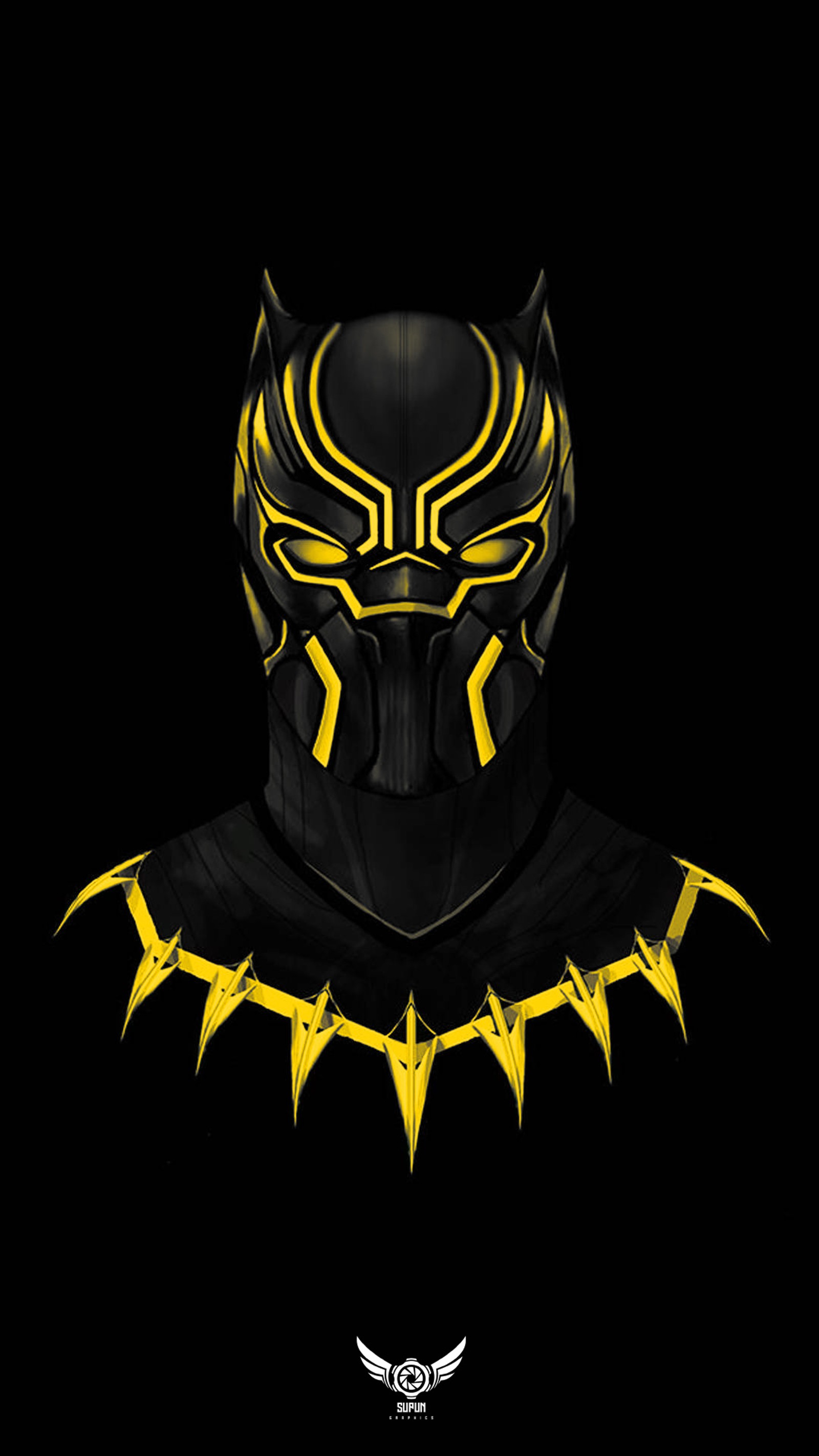 A close up of a black and yellow mask with yellow spikes (supngraphics, yellow)