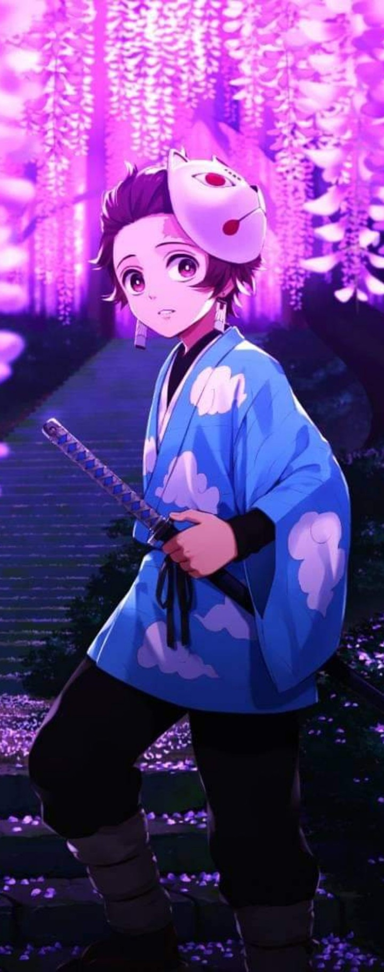 Chica de anime en un kimono azul con un gato en la cabeza (anime, kimetsu no yaiba, samurái)