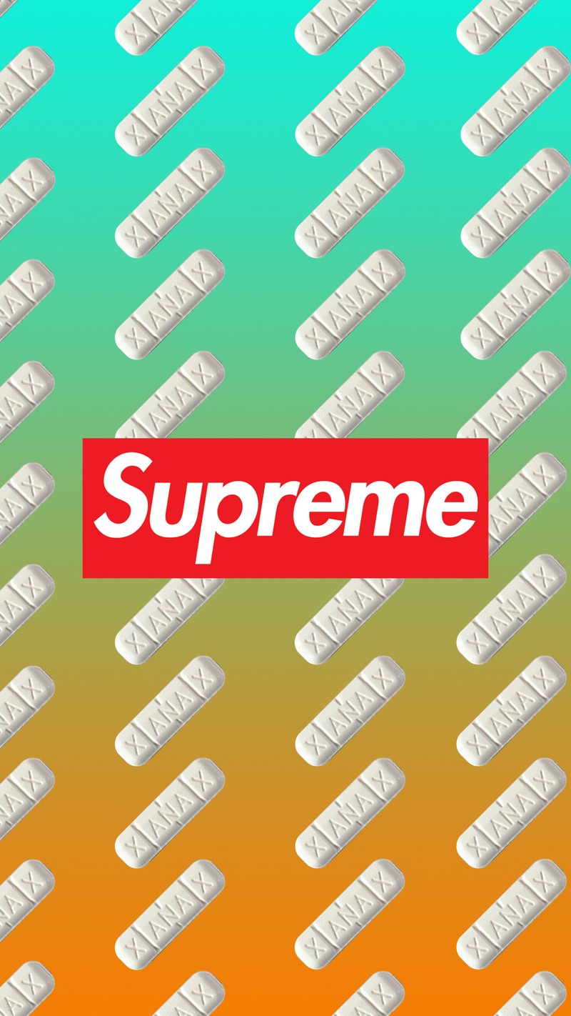 Логотип supreme на многоцветном фоне с таблетками (дрога, прислоняться, supreme, ксанакс, xanax)