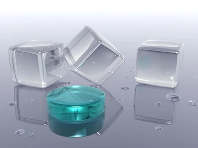 3D Transparent Cubes and a Cyan Circular Object on a Reflective Surface