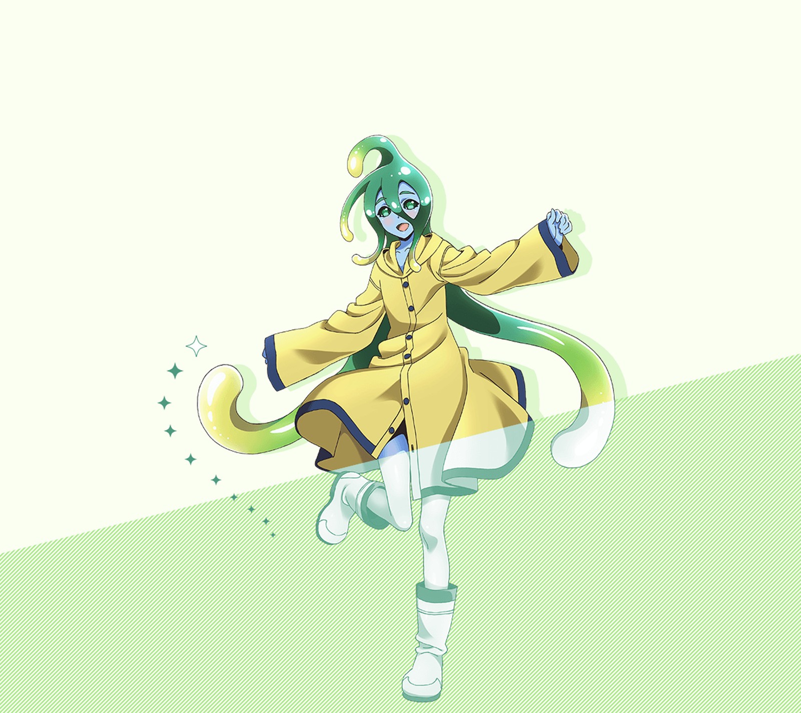 Chica de anime con abrigo amarillo y sombrero verde corriendo con un fondo verde y blanco (anime, niña, monstruo, musume, suu)