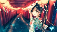 Fröhliches Anime-Mädchen im Kimono mit Laternen und Kirschblüten