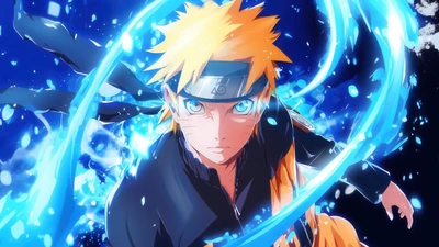 Naruto Uzumaki em pose de ação dinâmica com fundo estético azul