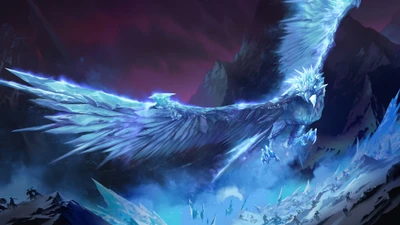 Anivia, o Criofênix, pairando sobre uma paisagem congelada em League of Legends.