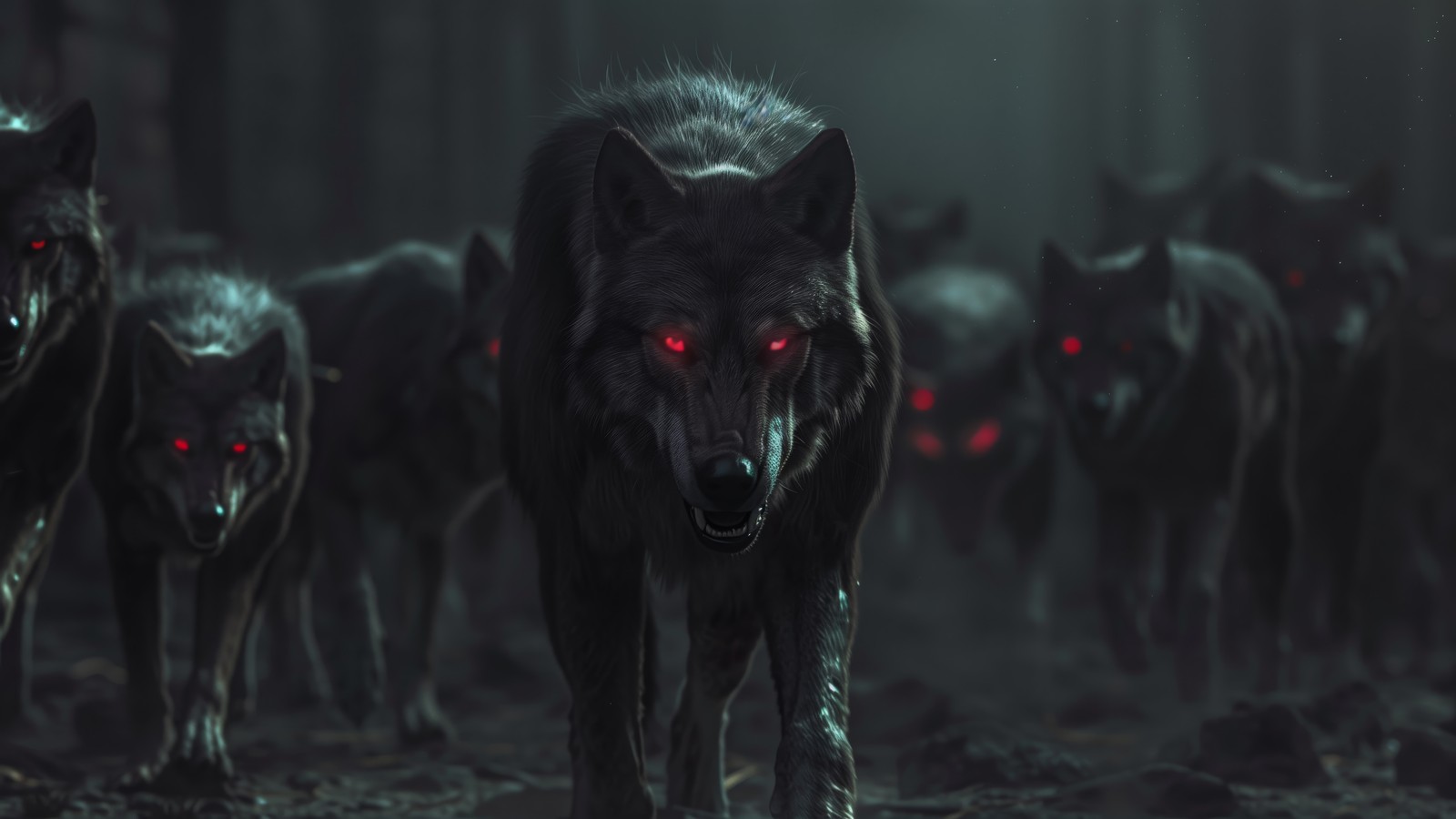 A group of wolfs walking in a forest with red eyes (wolf, pack, wolves, animals, red eyes)