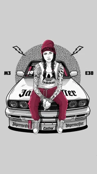 Arte estilizado de una mujer tatuada relajándose en un clásico BMW E30 M3