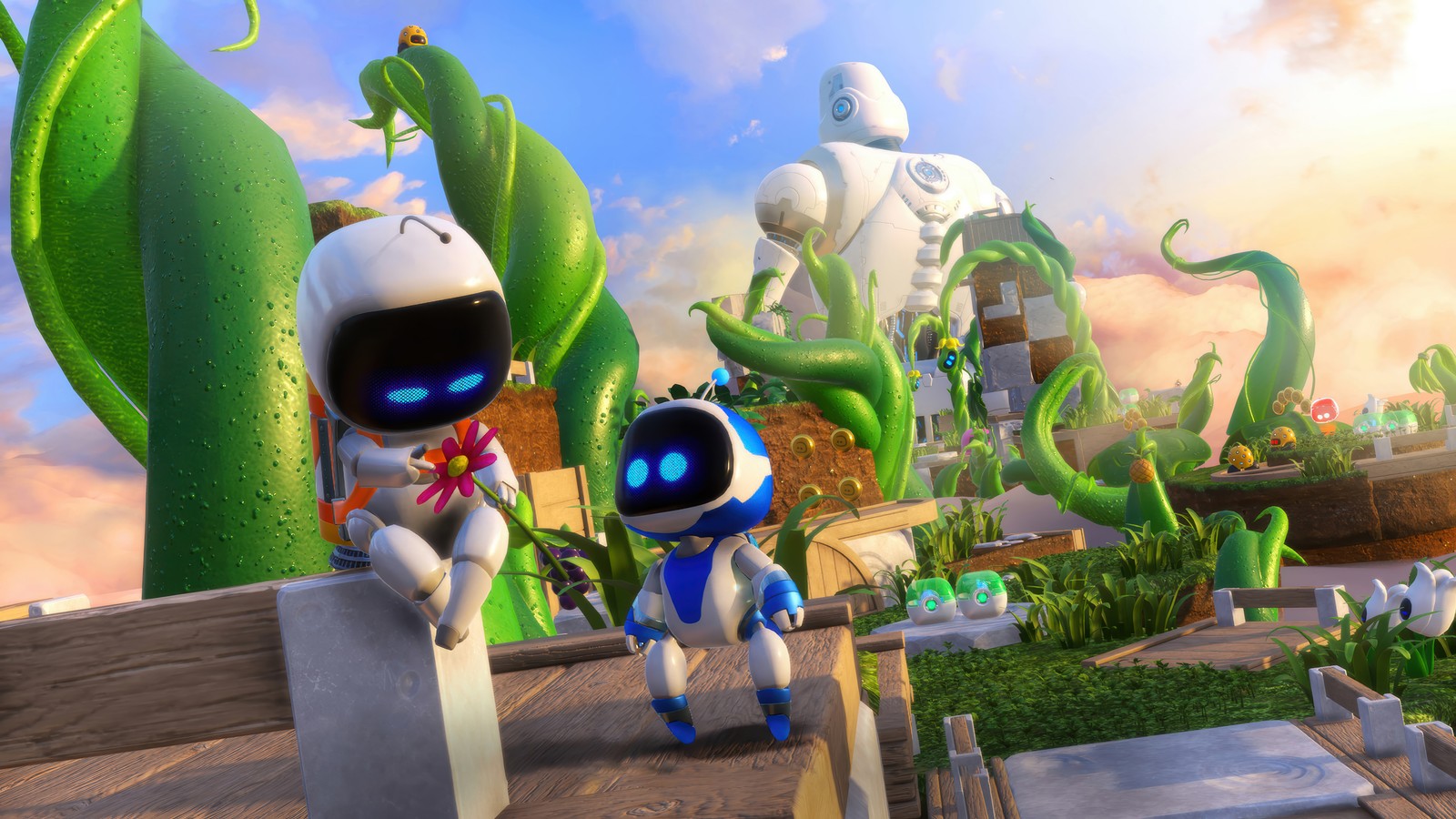 Um par de robôs estão em pé lado a lado em um campo (astro bot, jogo de vídeo)