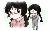 Chibi-Mädchen mit Brille und Zöpfen: Eine skurrile Cartoon-Illustration