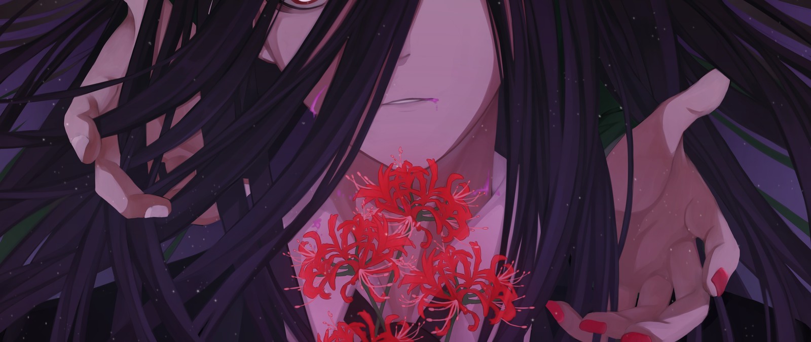 Anime girl with long black hair holding a red flower (anime, red, pink, magenta, purple)