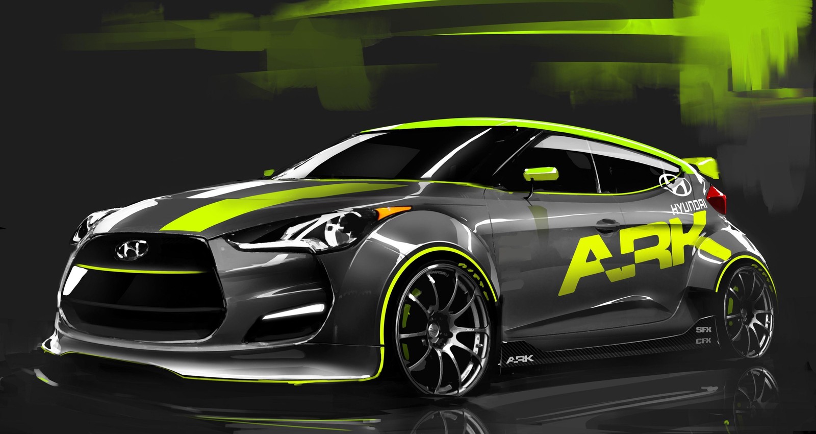 Uma renderização de um carro esportivo cinza e amarelo (carro esportivo, carro, hyundai, sintonização de carros, golpe)