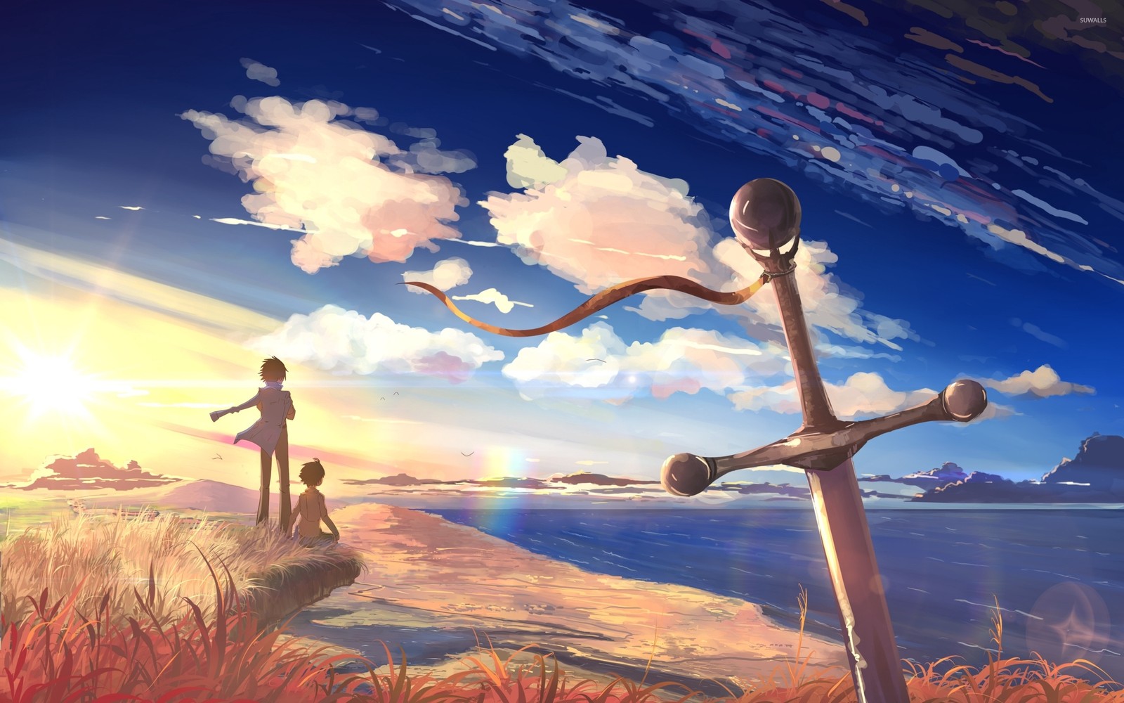 Anime, un homme et une femme debout sur la plage regardant le coucher de soleil (anime, nuage, heureux, atmosphère, illustration)