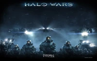 Halo Wars : Scène de bataille épique avec des soldats blindés et des avions