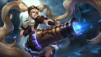 Layla de Mobile Legends: Battlegrounds, empunhando um poderoso canhão em uma pose cheia de ação.