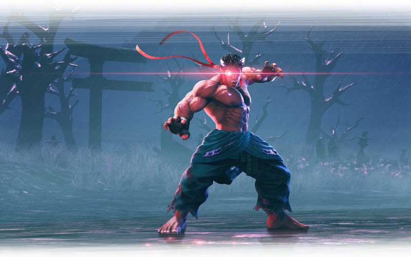 Мужчина в синем наряде, держащий красный свет в руке (street fighter v, ryu, капком, capcom, фигурка персонажа)