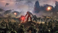 Epic showdown on a futuristic battlefield, featuring armored soldiers facing off against towering mechanized foes amid explosions and chaos.