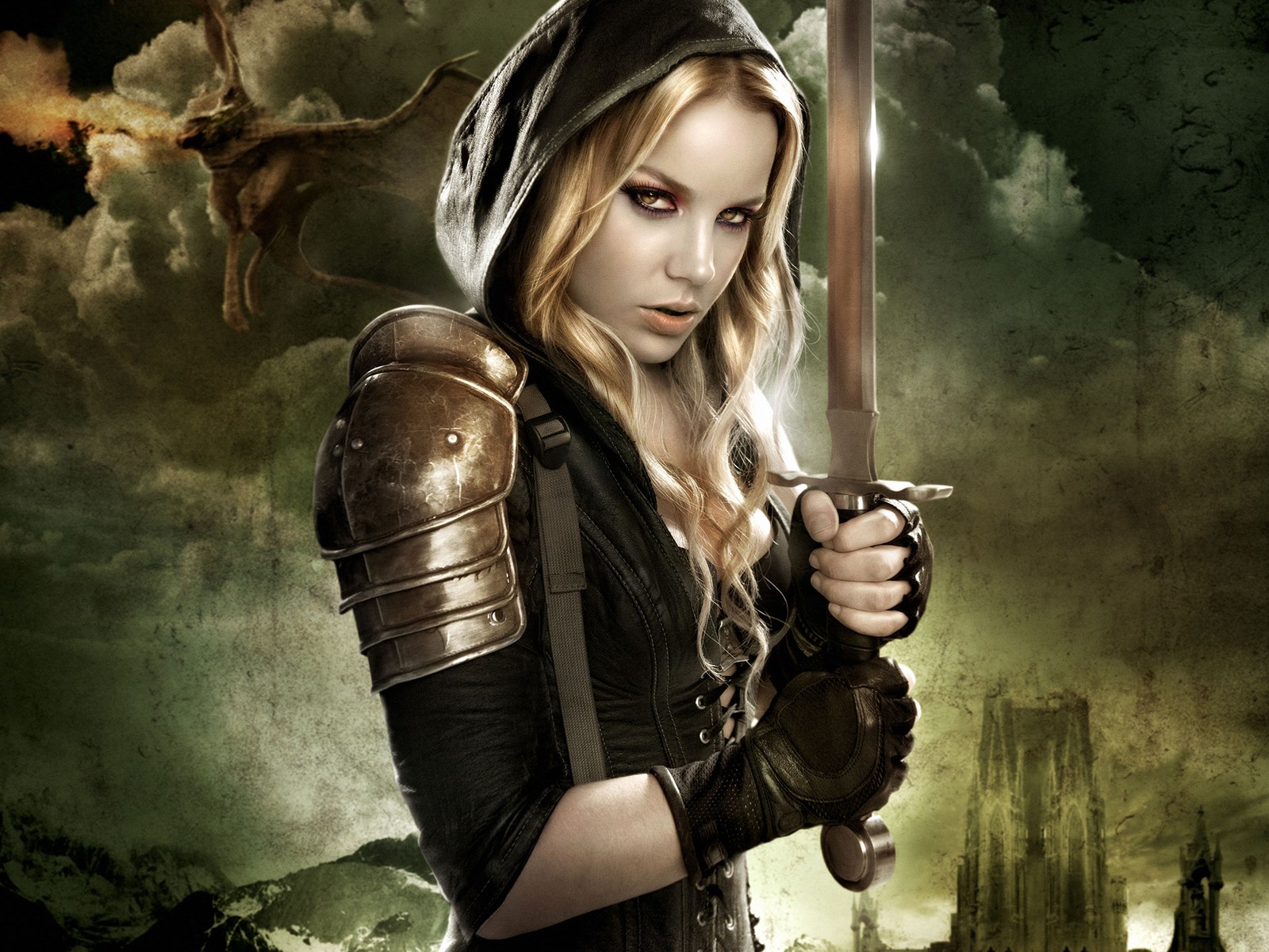 Una mujer en armadura sosteniendo una espada frente a un castillo (abbie cornish, sucker punch, actor, niña, oscuridad)