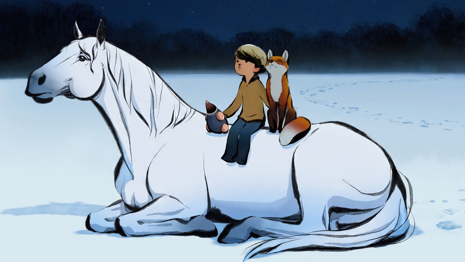 Anime picture of a boy riding a horse in the snow (the boy the mole the fox and the horse, animated, animation, movie)