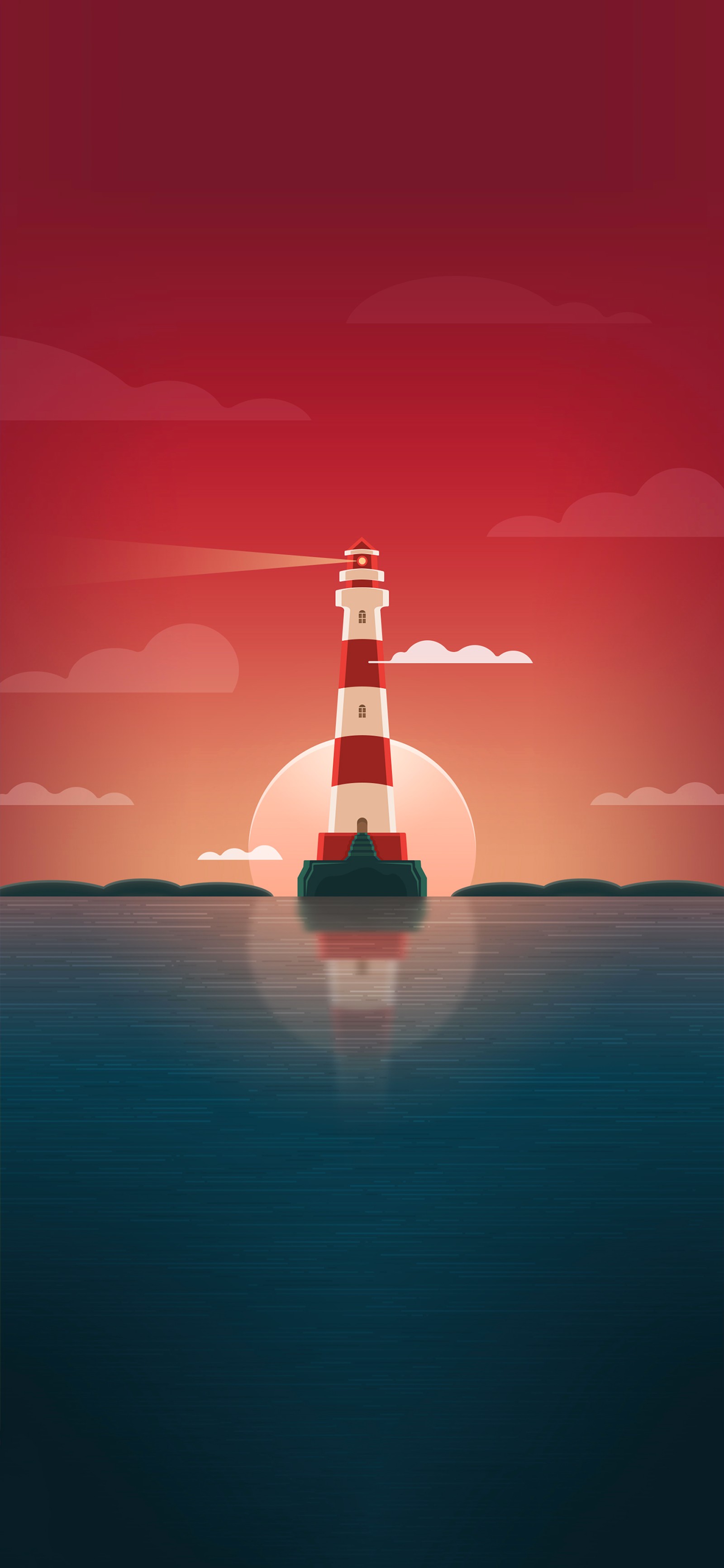 Hay un faro en el agua con un cielo rojo de fondo (agua, líquido, torre, faro, horizonte)