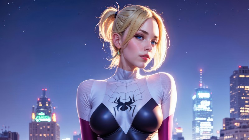 Женщина в костюме паука стоит перед горизонтом города (гвен паук, spider gwen, гвен стейси, gwen stacy, marvel)